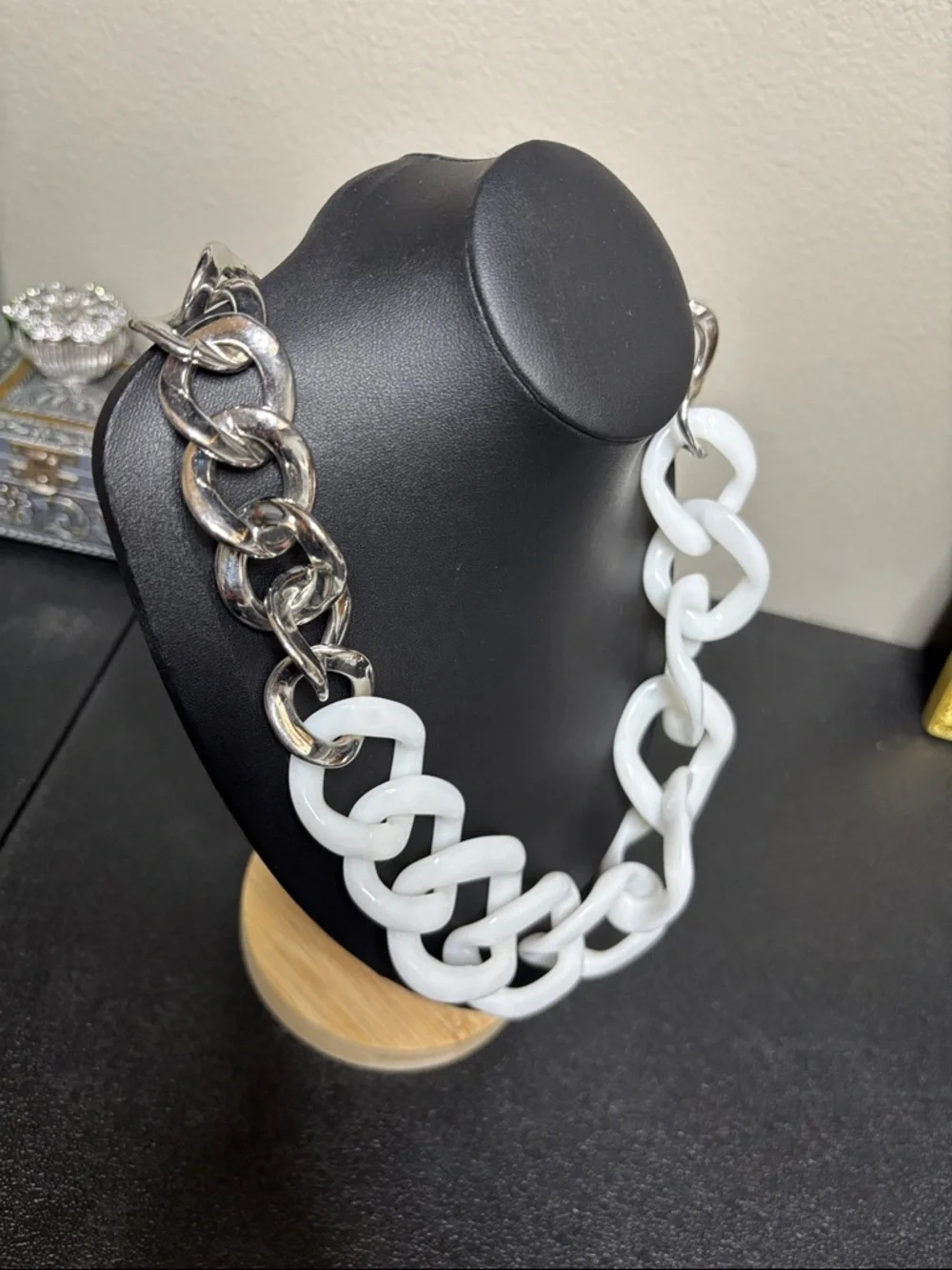 Vintage RJ GRAZIANO CN Stainless Steel Chunky White Plastic Chain Necklace